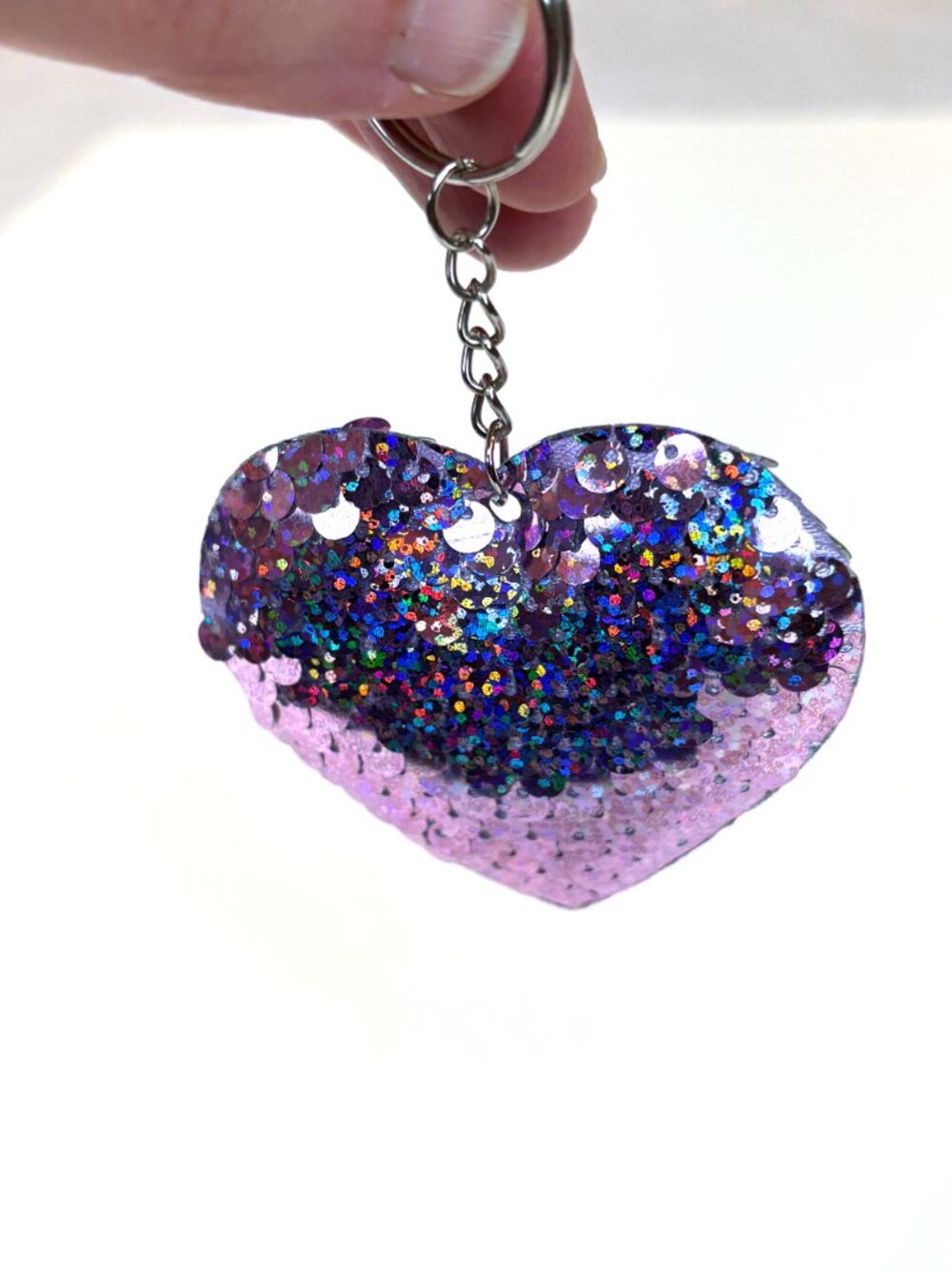 Stylish pink purple sequin heart keychain bag charm. New - Picture 6 of 9